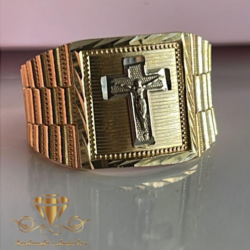 Anillo de crucifijo en oro amarillo y blanco para caballero