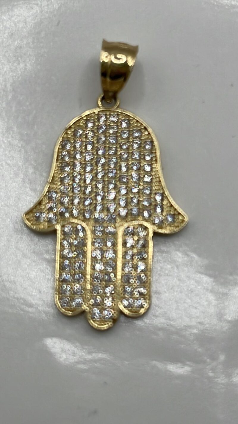 Dije mano de Fátima oro amarillo con piedras blancas